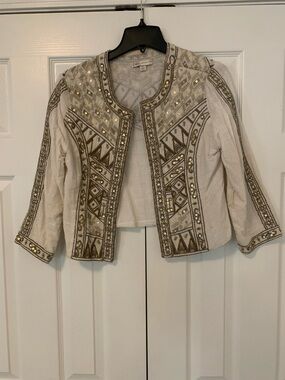 Embellished Cream Cropped Jacket with Gold Accents